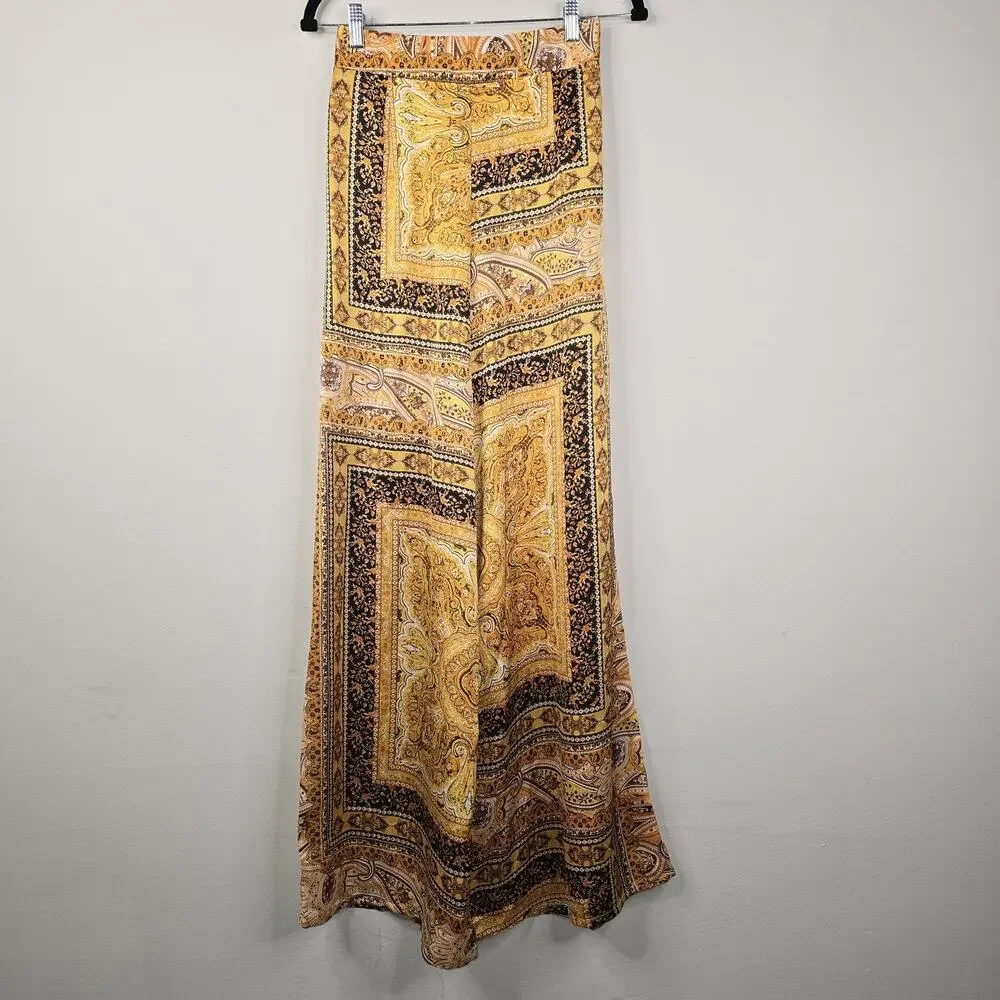 Fashion Nova Pants Womens Small Gold Satin Paisley Wide Leg Belted Boho Dressy - Picture 2 of 10